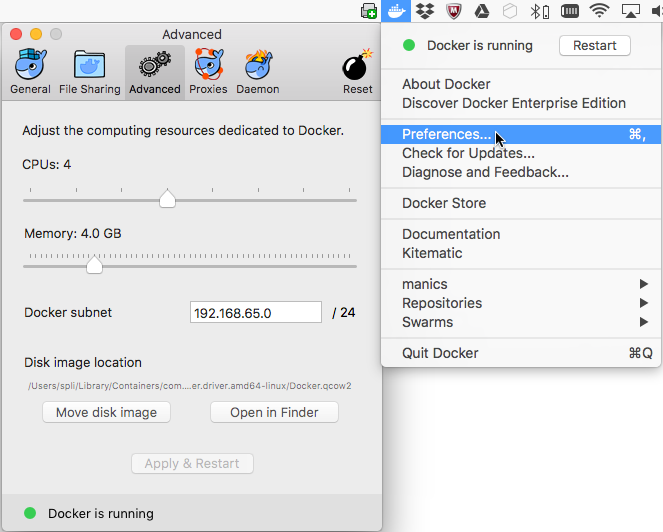 Docker advanced preferences